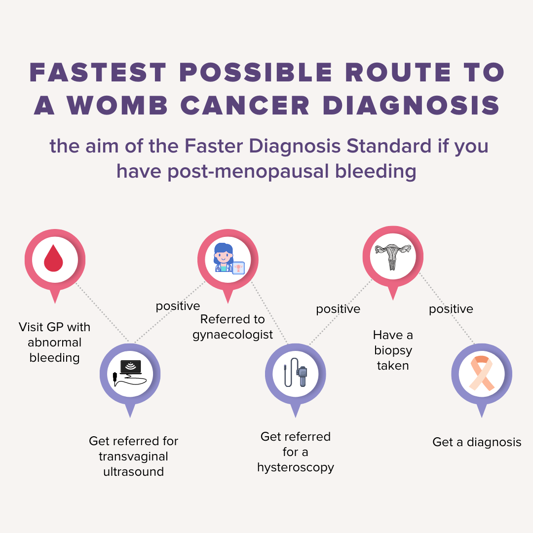 a timeline chart with the title: fastest possible route to womb cancer diagnosis. It shows: GP appointment, referral for ultrasound, referral to gynaecologist, hysteroscopy/biopsy, then result