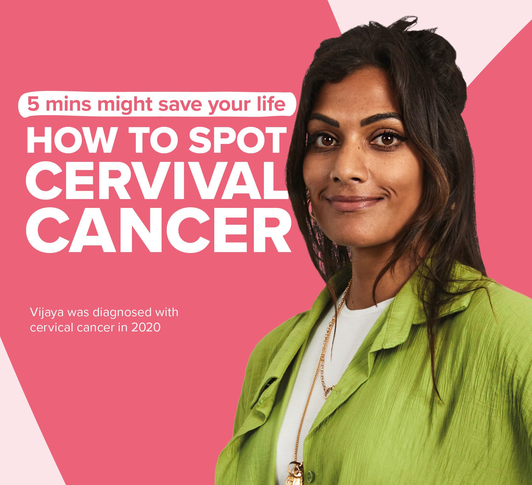 Front page of the leaflet, with a photo of Vijaya and the text '5 mins might save your life: how to spot cervical cancer'